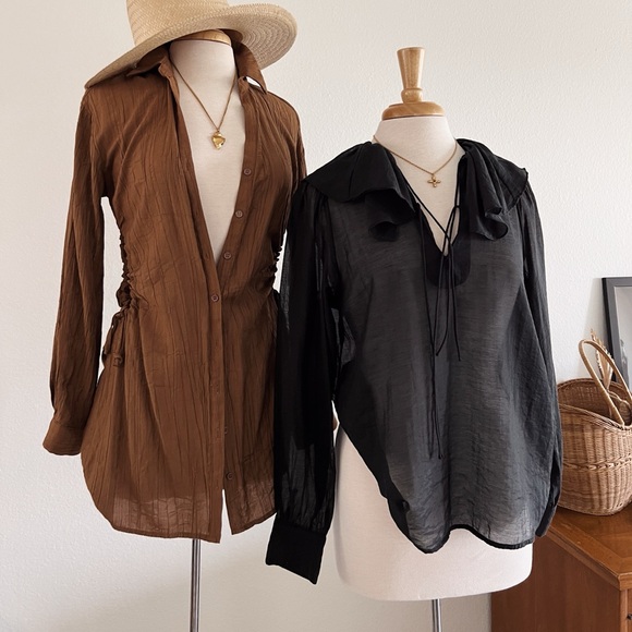 Tops - SHEER BLACK LONG SLEEVE RUFFLE NECK TOP #0367